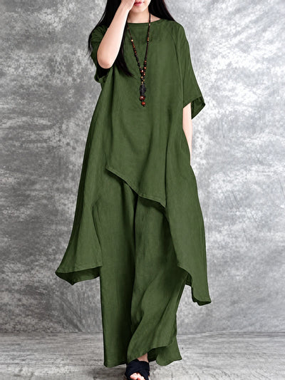 Women's Cotton Linen Two Piece Outfit Set in Army Green - product view