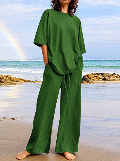 Women's Top and Wide-Leg Pants Two-Piece Set in Army Green - product view