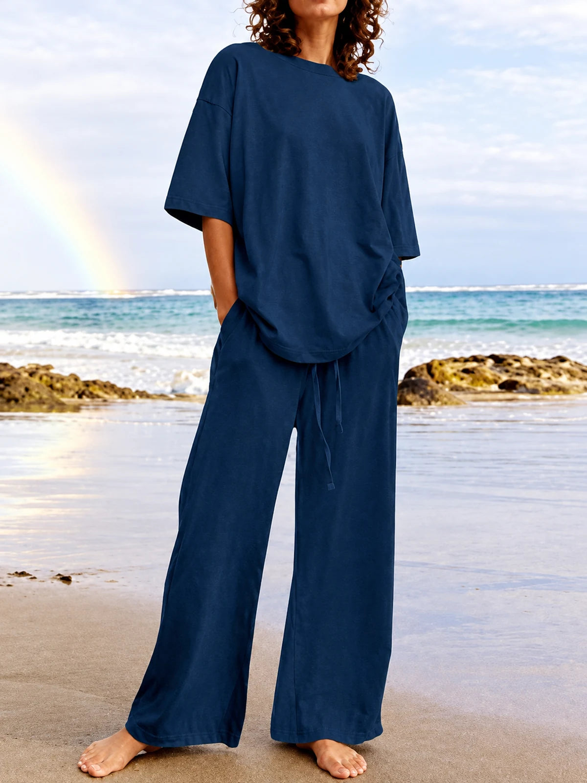 Women's Top and Wide-Leg Pants Two-Piece Set in Blue - product view