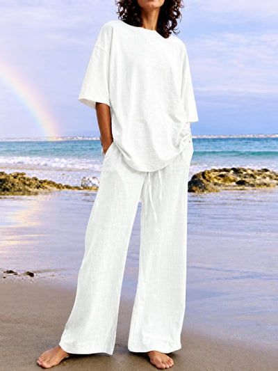 Women's Top and Wide-Leg Pants Two-Piece Set in Light Gray（White） - product view
