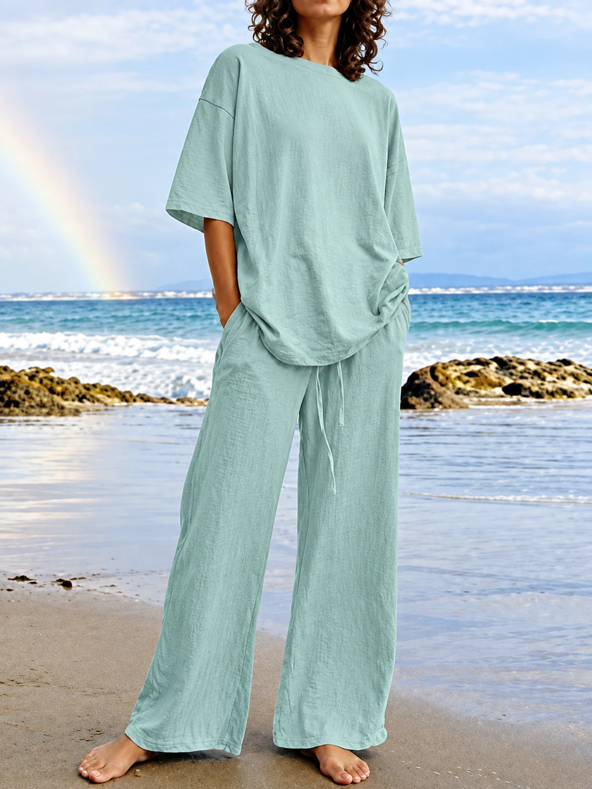 Women's Top and Wide-Leg Pants Two-Piece Set in Gray - product view