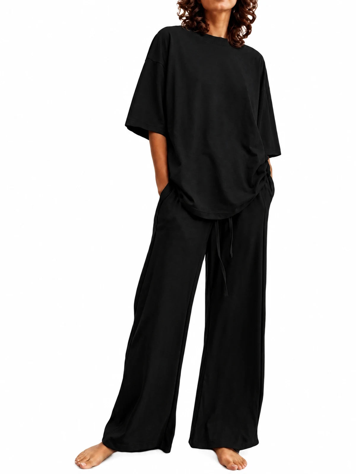 Women's Top and Wide-Leg Pants Two-Piece Set in Black - product view