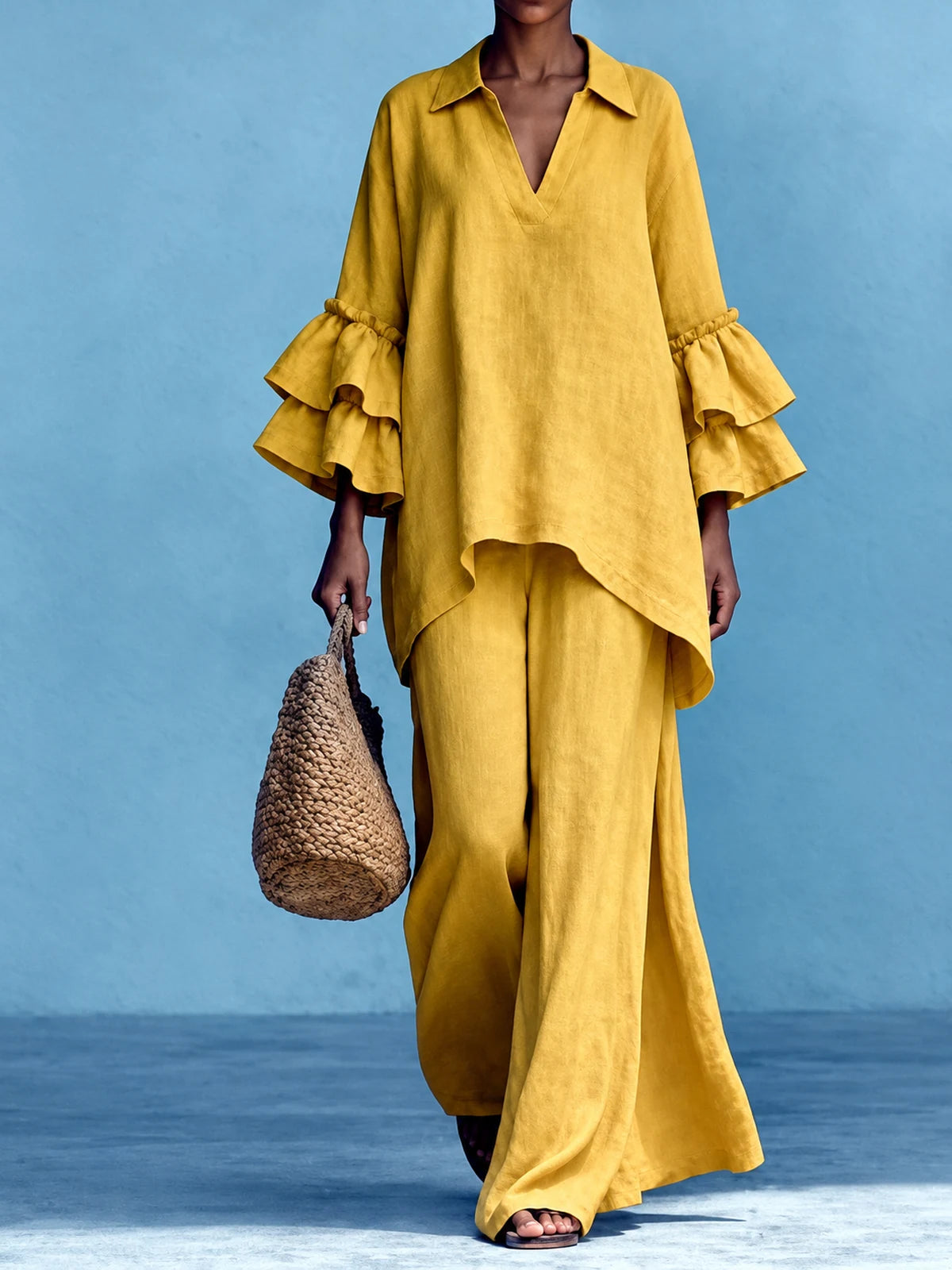 Women's Cotton Linen Two Piece Outfit Set in Yellow - product view