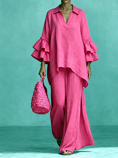 Women's Cotton Linen Two Piece Outfit Set in Rose Red - product view