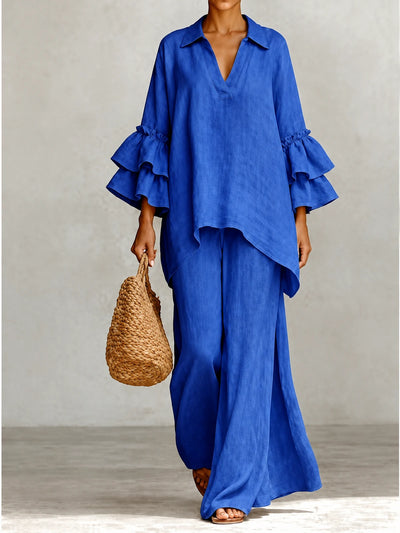 Women's Cotton Linen Two Piece Outfit Set in Blue - product view
