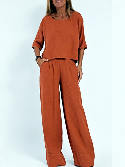 Women's Cotton Linen Two Piece Set with Top and Pants in Green - product view