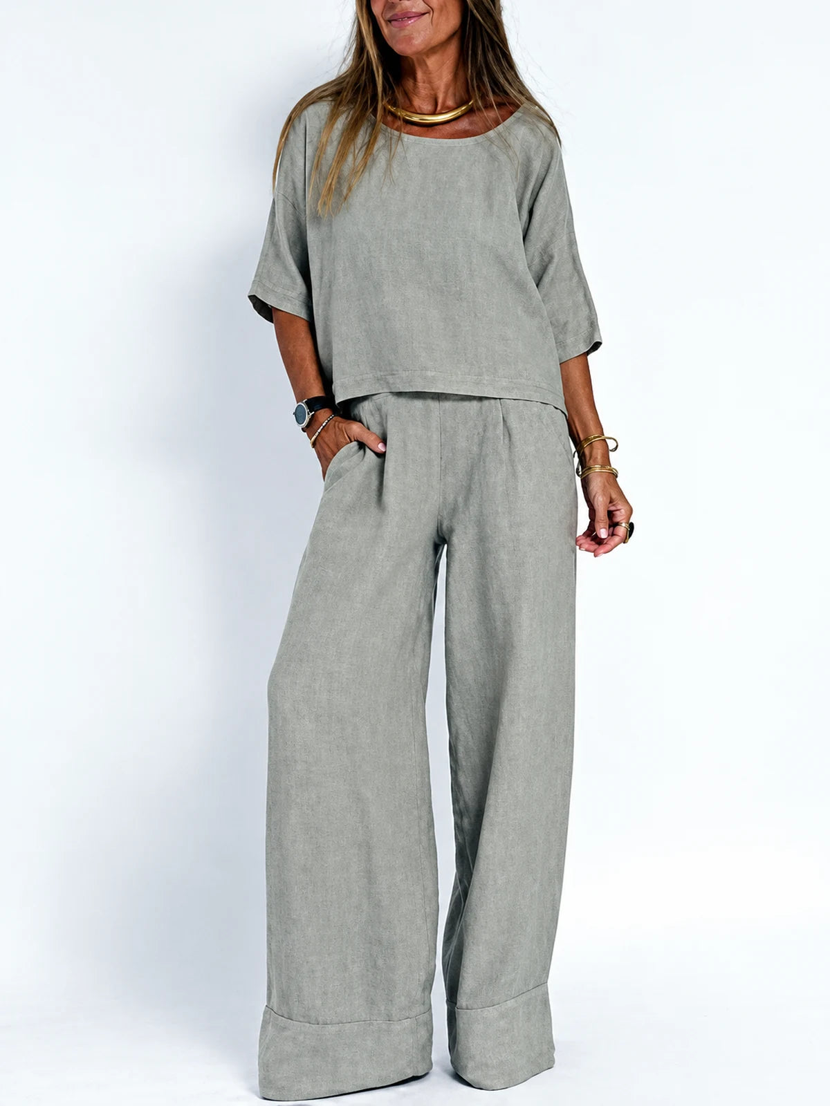 Women's Cotton Linen Two Piece Set with Top and Pants in White - product view