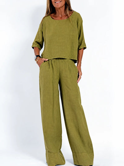 Women's Cotton Linen Two Piece Set with Top and Pants in Black - product view