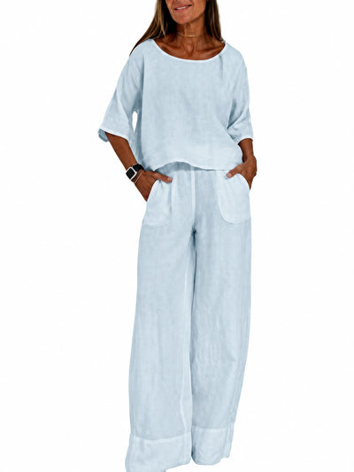 Women's Cotton Linen Two Piece Set with Top and Pants in Khaki - product view