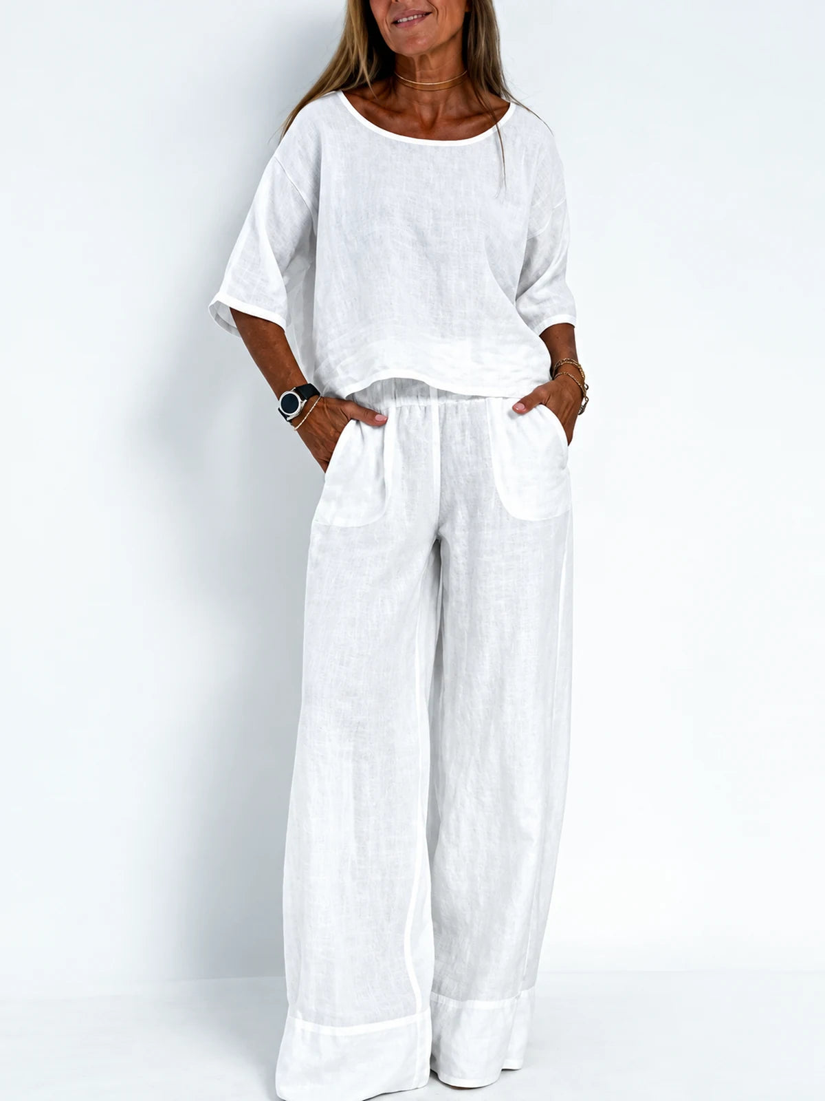 Women's Cotton Linen Two Piece Set with Top and Pants in Blue - product view