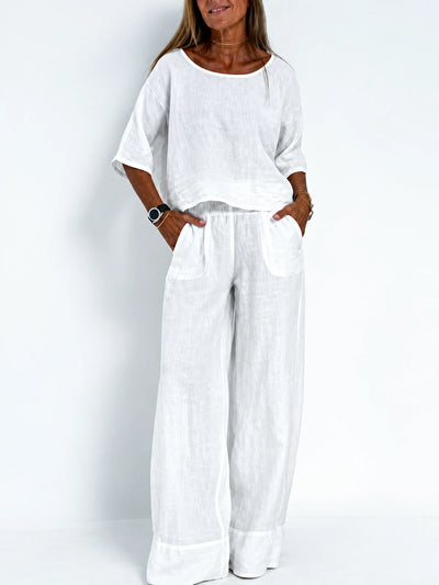 Women's Cotton Linen Two Piece Set with Top and Pants in Blue - product view