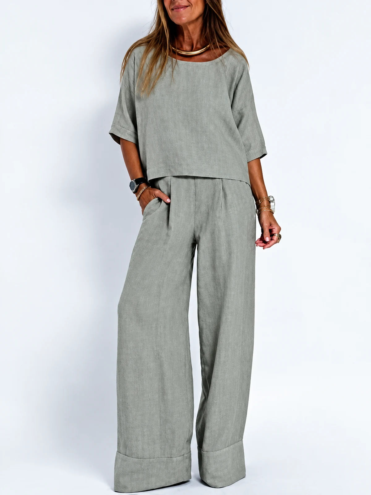 Women's Cotton Linen Two Piece Set with Top and Pants in Gray - product view