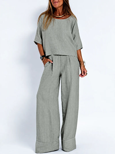 Women's Cotton Linen Two Piece Set with Top and Pants in Gray - product view