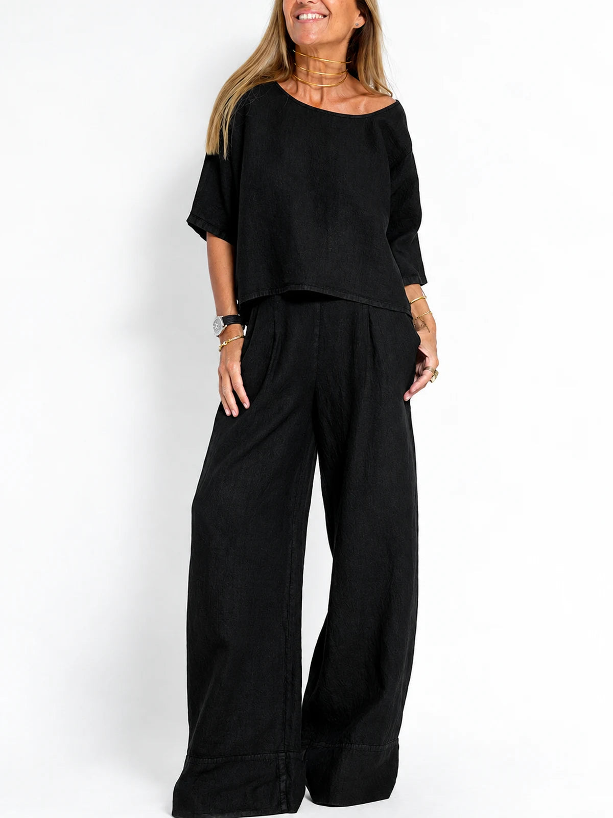 Women's Cotton Linen Two Piece Set with Top and Pants - product detail view 1