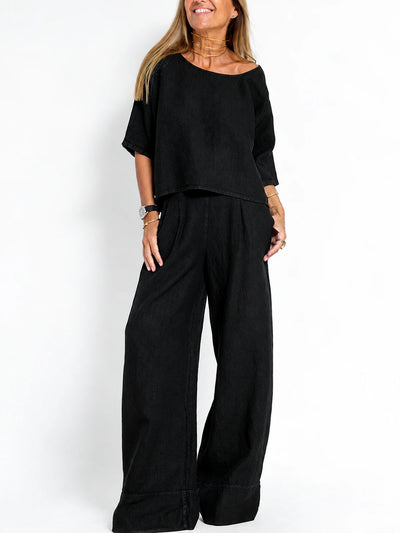 Women's Cotton Linen Two Piece Set with Top and Pants - product detail view 1