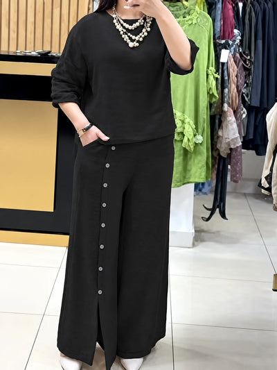 Women's Cotton Linen Two Piece Set with Shirt and Pants in Black - product view