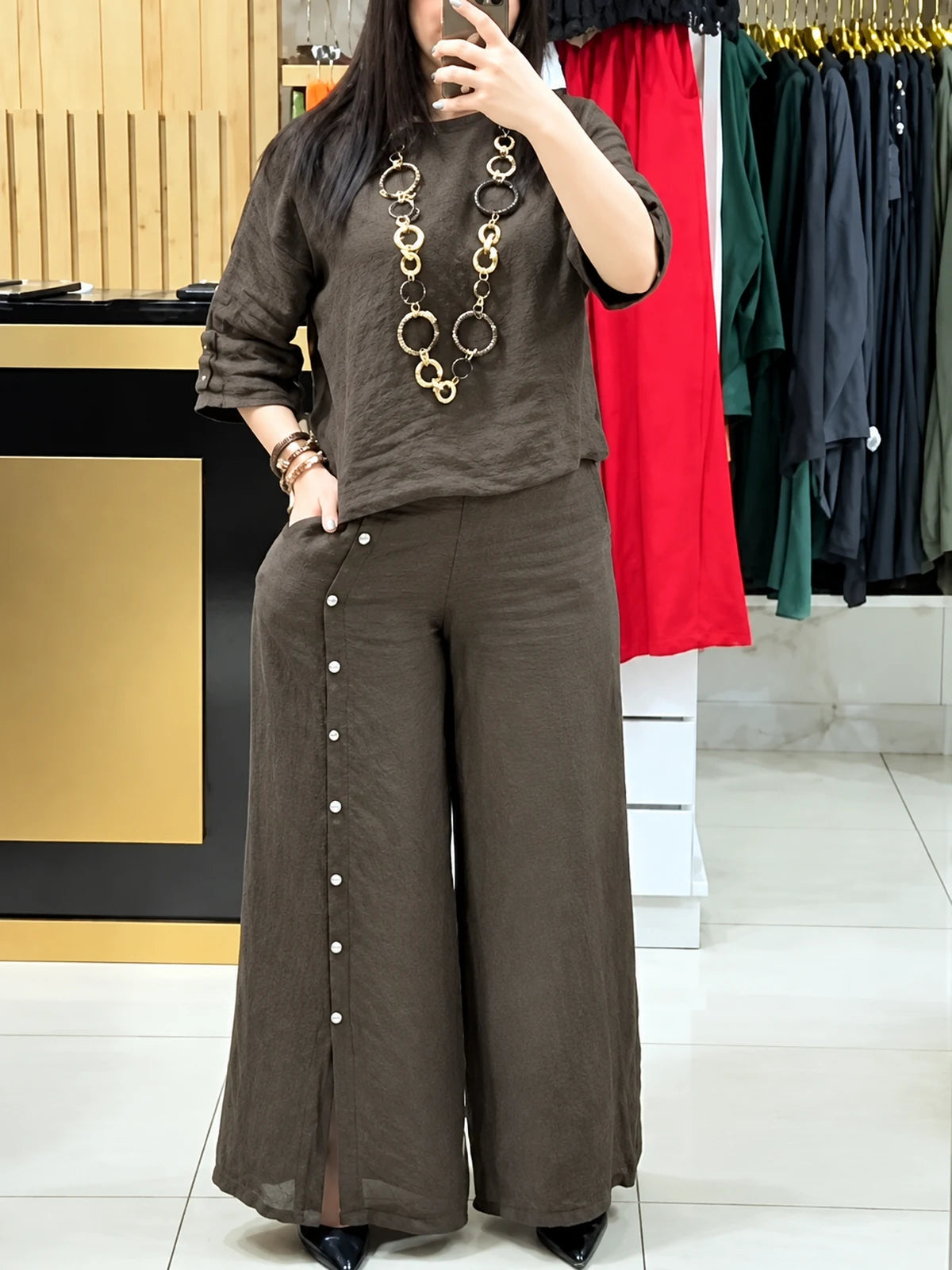 Women's Cotton Linen Two Piece Set with Shirt and Pants in Coffee Brown - product view