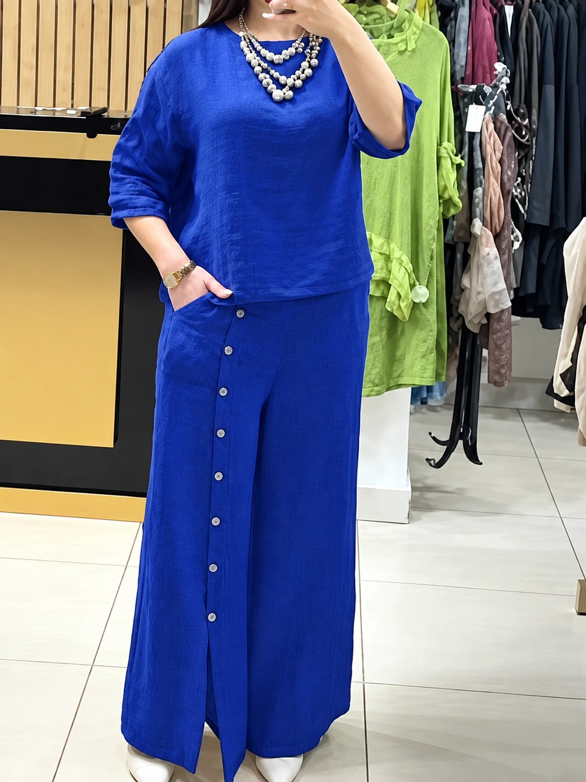 Women's Cotton Linen Two Piece Set with Shirt and Pants in Royal Blue - product view