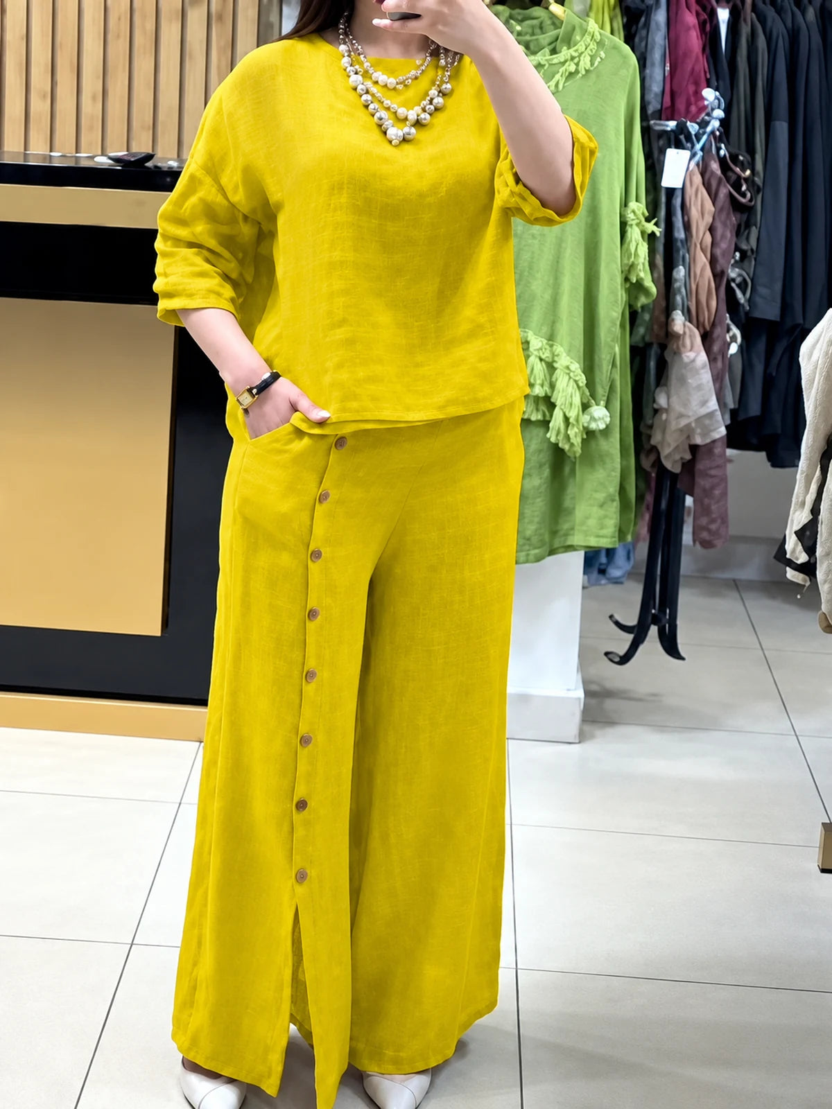 Women's Cotton Linen Two Piece Set with Shirt and Pants in Yellow - product view