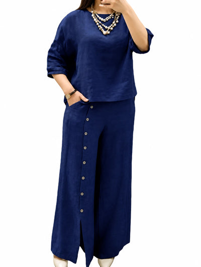 Women's Cotton Linen Two Piece Set with Shirt and Pants - product detail view 2