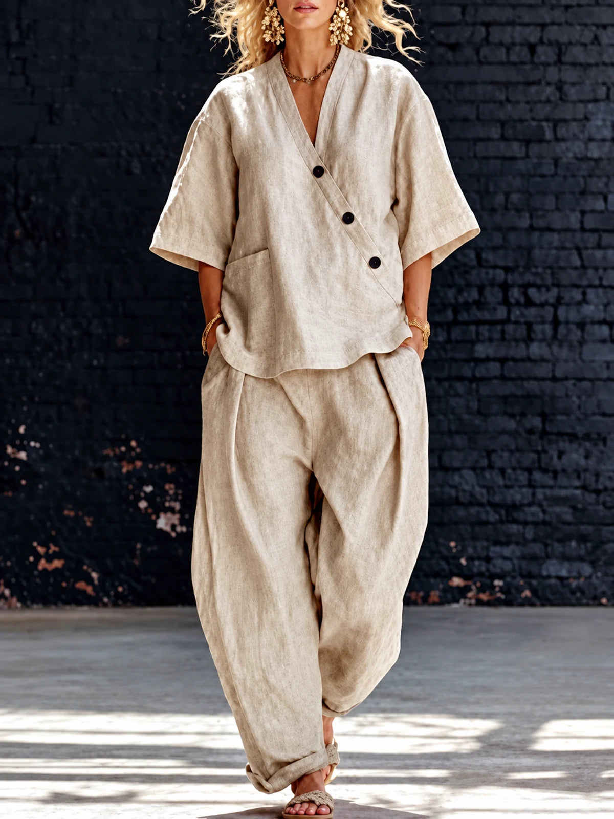 Women's Top and Wide-Leg Pants Two-Piece Set in Khaki - product view