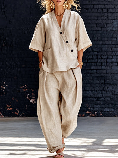 Women's Top and Wide-Leg Pants Two-Piece Set in Khaki - product view
