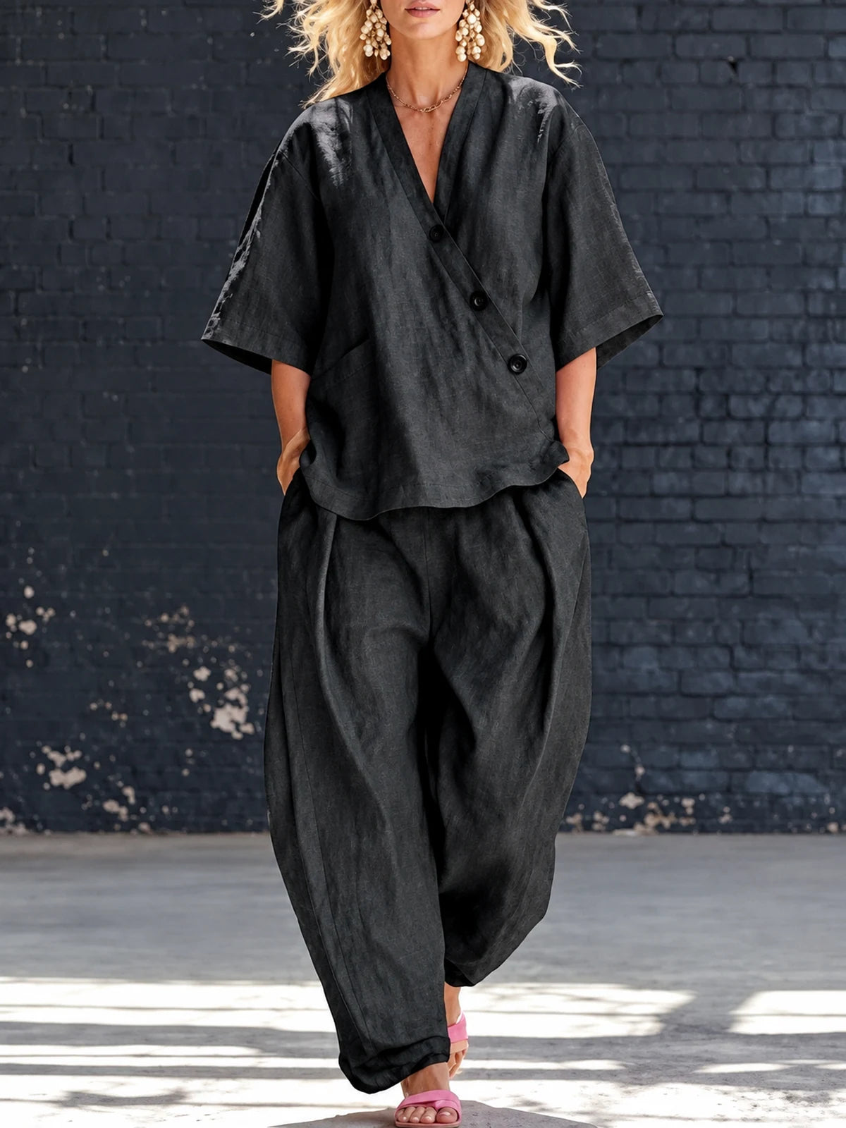 Women's Top and Wide-Leg Pants Two-Piece Set in Black - product view