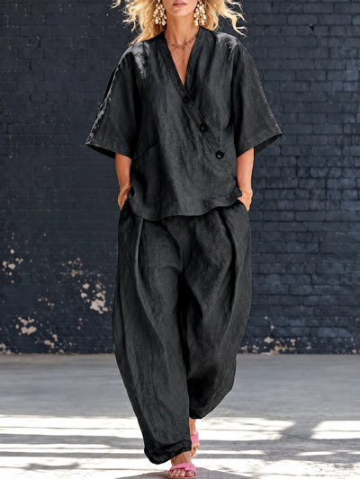 Women's Top and Wide-Leg Pants Two-Piece Set in Black - product view