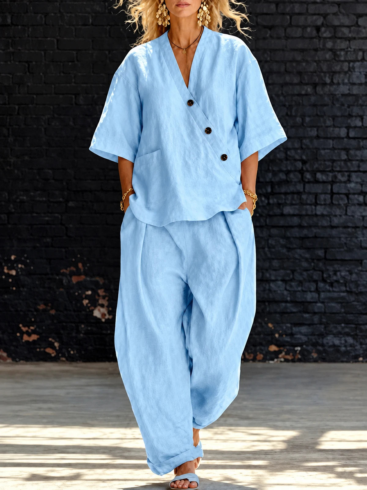 Women's Top and Wide-Leg Pants Two-Piece Set in Light Blue - product view