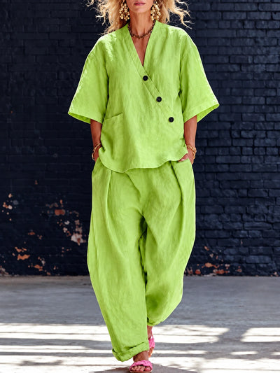 Women's Top and Wide-Leg Pants Two-Piece Set in Green - product view