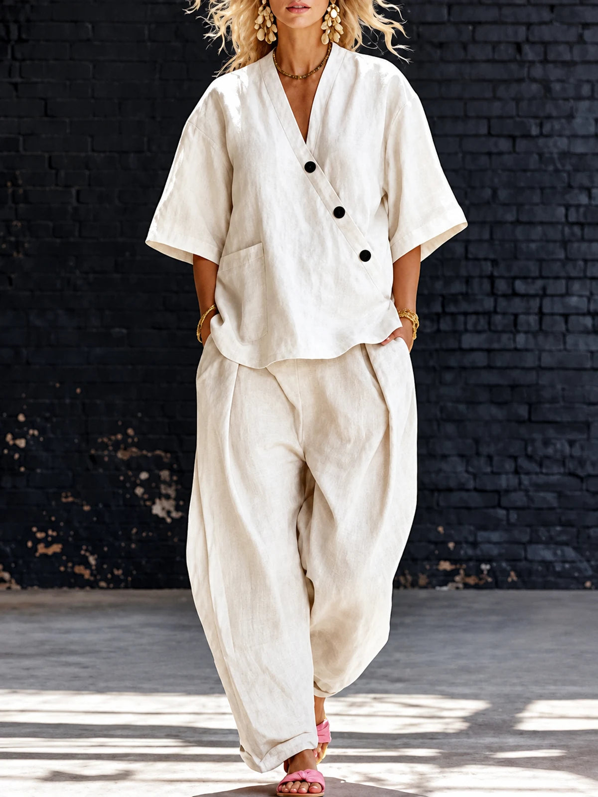 Women's Top and Wide-Leg Pants Two-Piece Set in Beige - product view