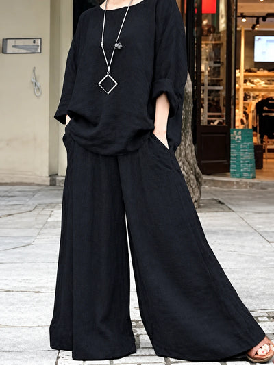 Women's Cotton Linen Two Piece Set with Shirt and Pants in Black - product view