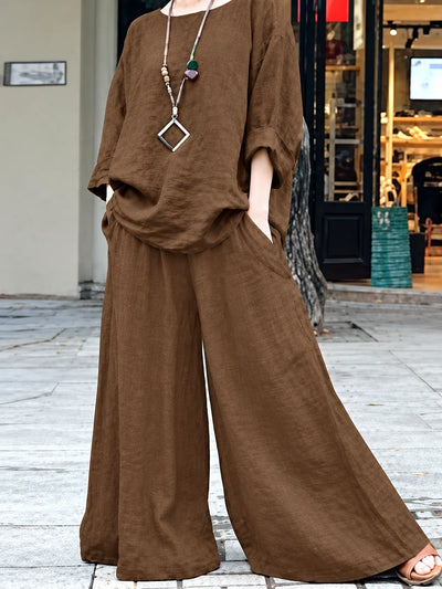 Women's Cotton Linen Two Piece Set with Shirt and Pants in Khaki - product view
