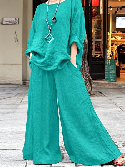 Women's Cotton Linen Two Piece Set with Shirt and Pants in Green - product view