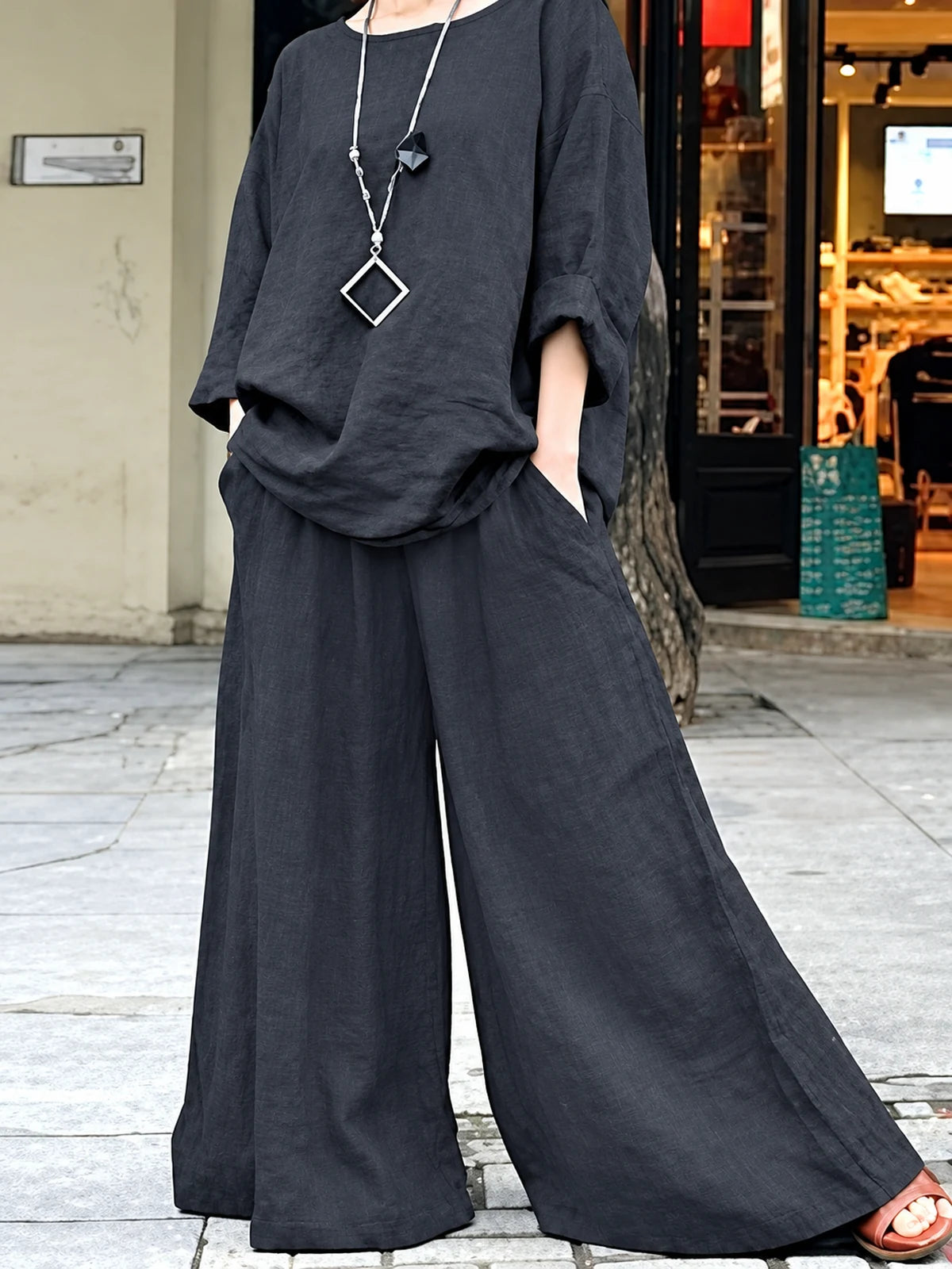 Women's Cotton Linen Two Piece Set with Shirt and Pants in Gray - product view