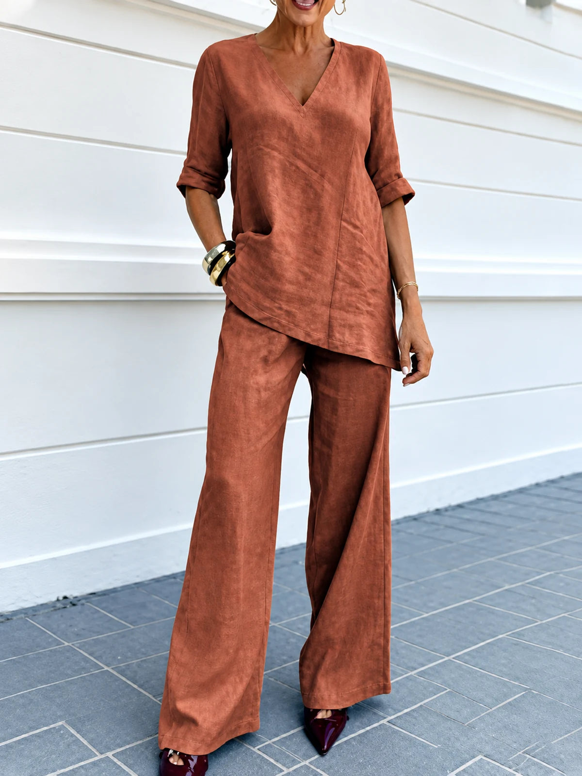 Women's Cotton Linen Two Piece Outfit Set in Brown - product view