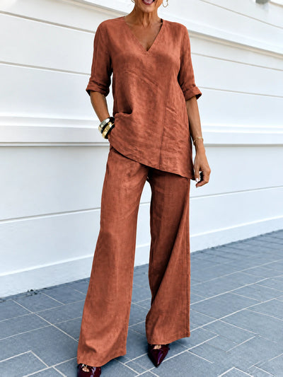 Women's Cotton Linen Two Piece Outfit Set in Brown - product view