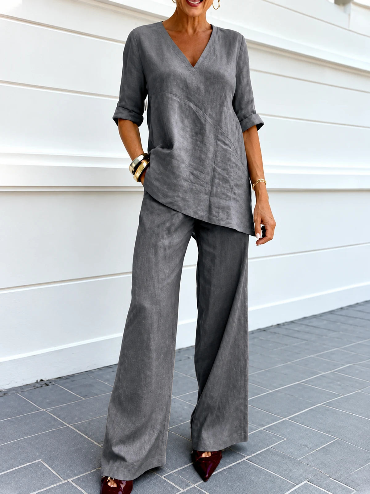 Women's Cotton Linen Two Piece Outfit Set in Gray - product view