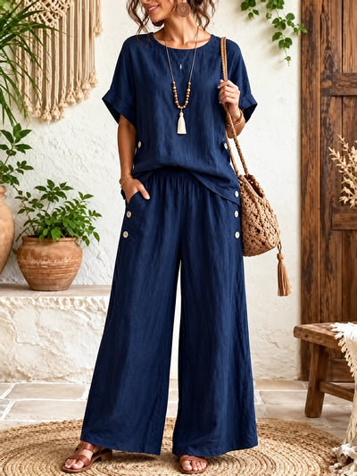 Women's Cotton Linen Two Piece Set with Top and Wide Leg Pants in Navy - product view