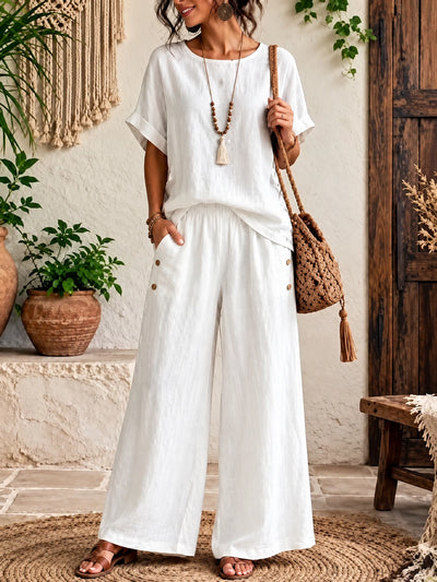Women's Cotton Linen Two Piece Set with Top and Wide Leg Pants in White - product view