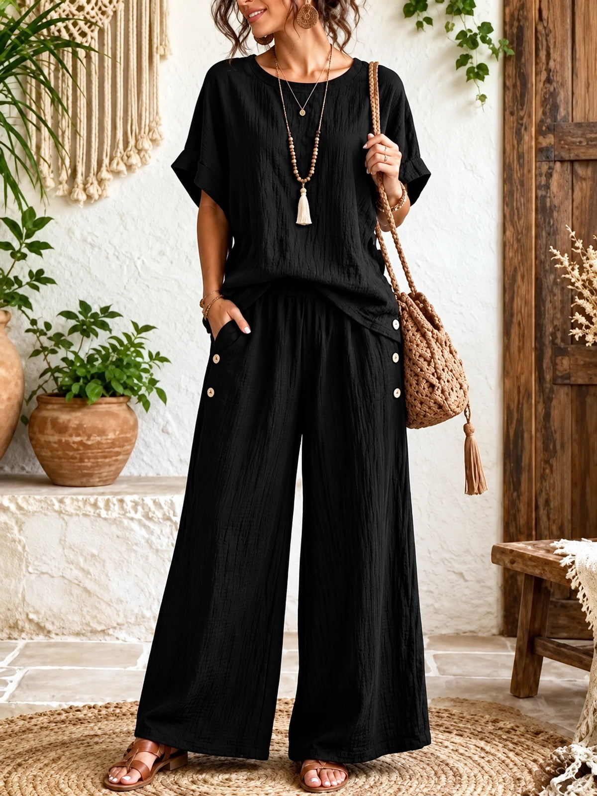 Women's Cotton Linen Two Piece Set with Top and Wide Leg Pants in Black - product view