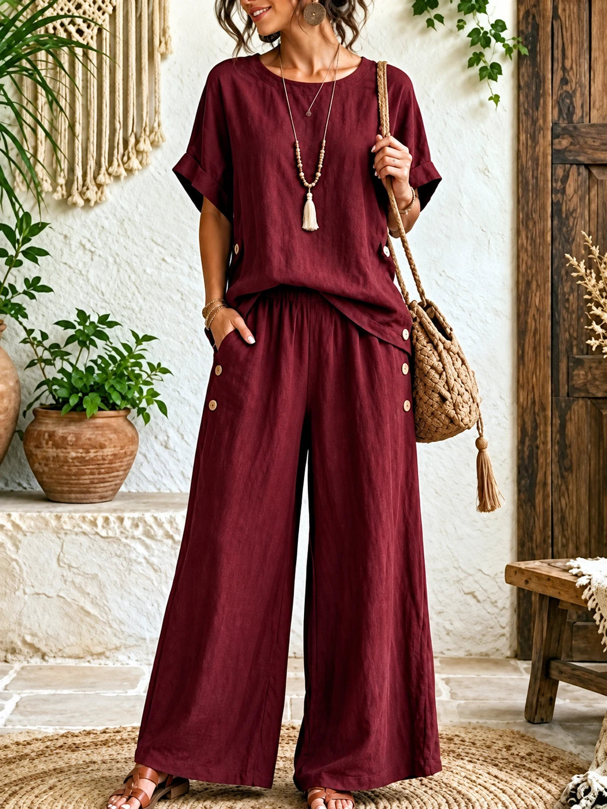 Women's Cotton Linen Two Piece Set with Top and Wide Leg Pants in Burgundy - product view