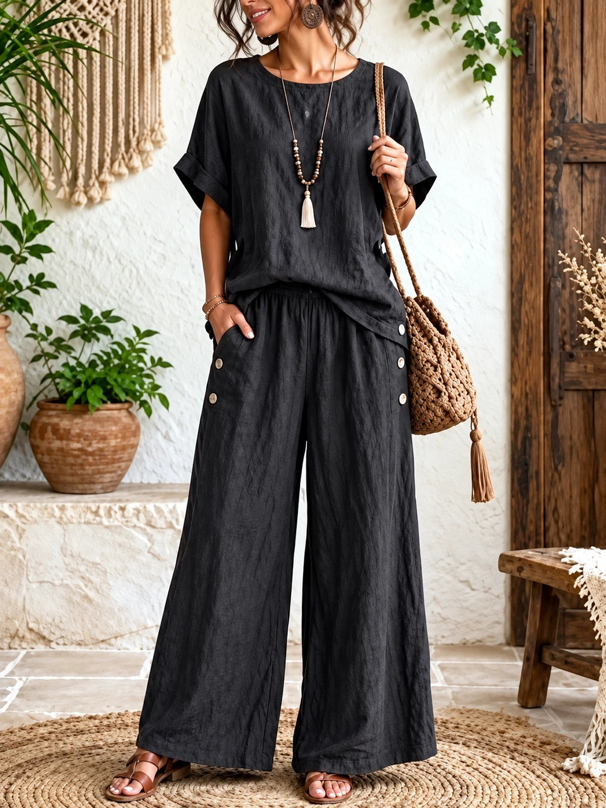 Women's Cotton Linen Two Piece Set with Top and Wide Leg Pants in Coffee Brown - product view