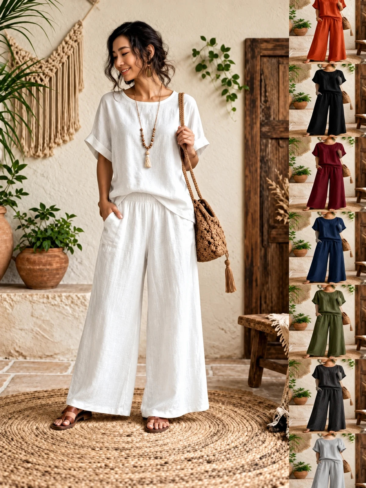 Women's Cotton Linen Two Piece Set with Top and Wide Leg Pants - product detail view 1
