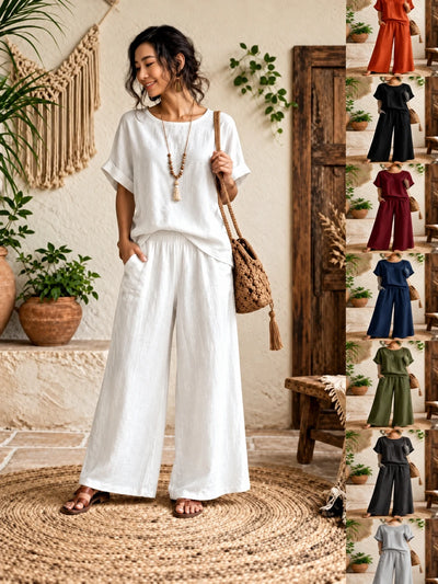Women's Cotton Linen Two Piece Set with Top and Wide Leg Pants - product detail view 1
