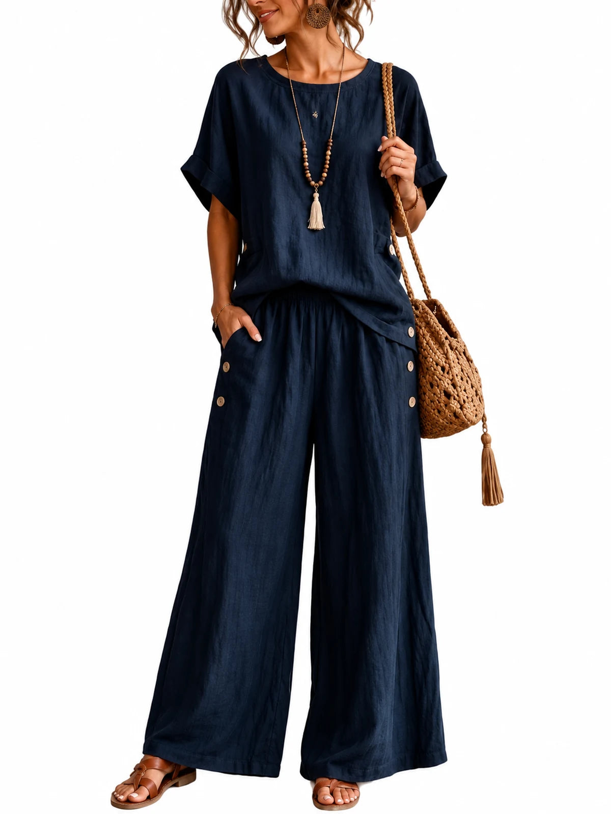 Women's Cotton Linen Two Piece Set with Top and Wide Leg Pants - product detail view 2