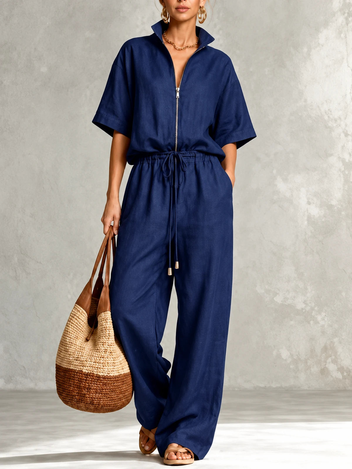 Women's Cotton Linen Two Piece Outfit Set in Navy - product view