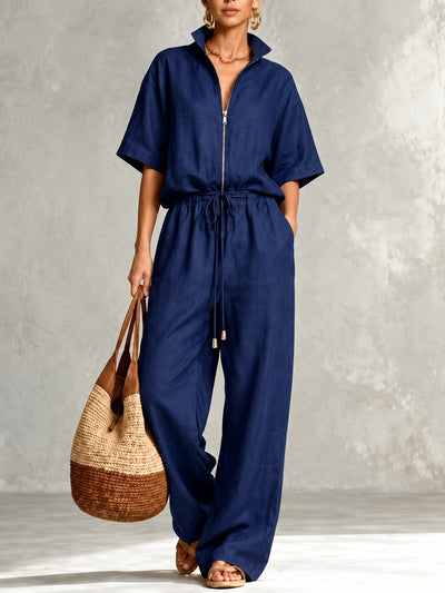 Women's Cotton Linen Two Piece Outfit Set in Navy - product view