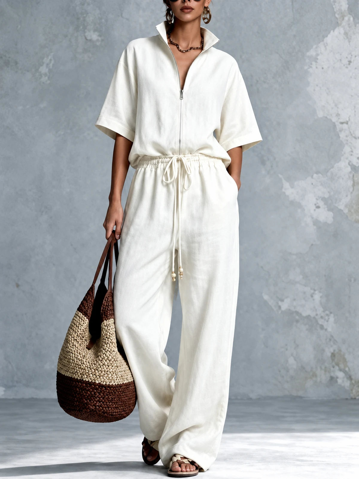Women's Cotton Linen Two Piece Outfit Set in White - product view