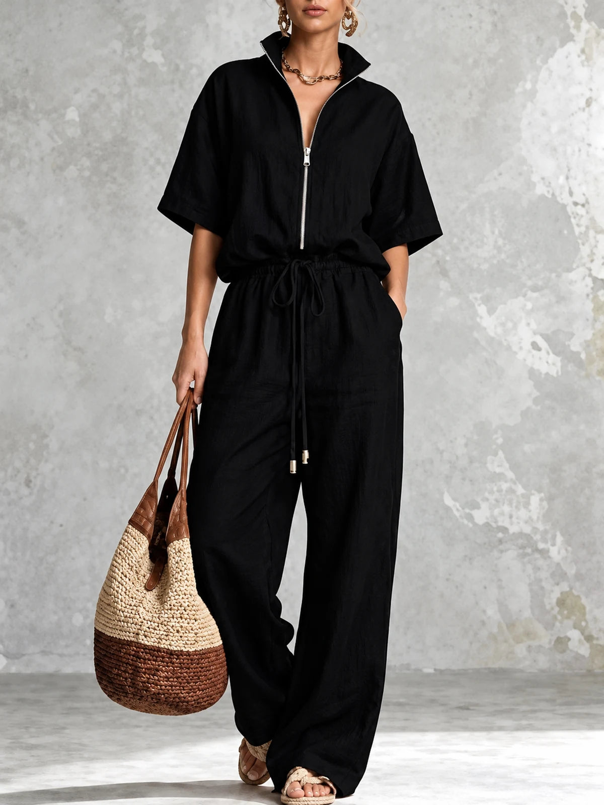 Women's Cotton Linen Two Piece Outfit Set in Black - product view